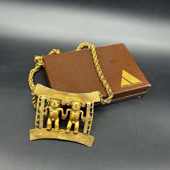 Alva Museum Replicas Jewelry - Vintage Alva Museum Replicas Double Monkey Necklace 1970s Gold Tone Pendant